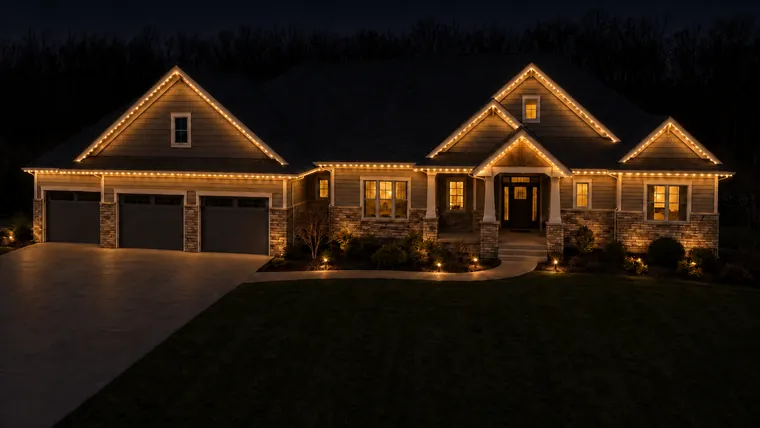 A home at night with permanent roofline lighting set to soft accent