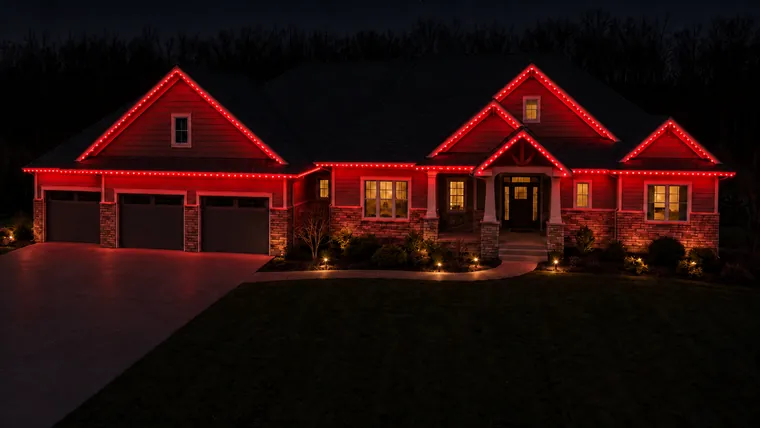 A home at night with permanent roofline lighting set to red