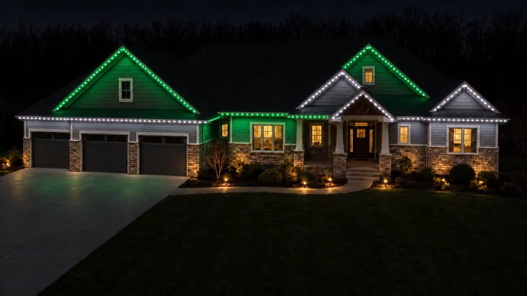 A home at night with permanent roofline lighting set to spartans