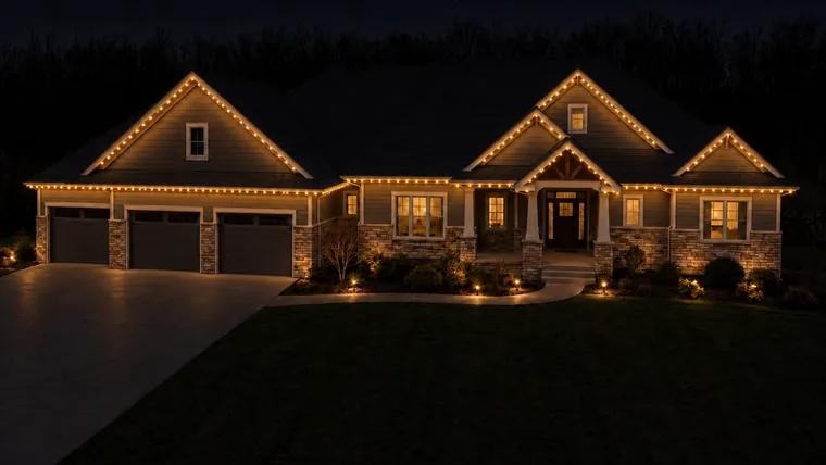 A home at night with permanent roofline lighting on warm amber white along every roof edge