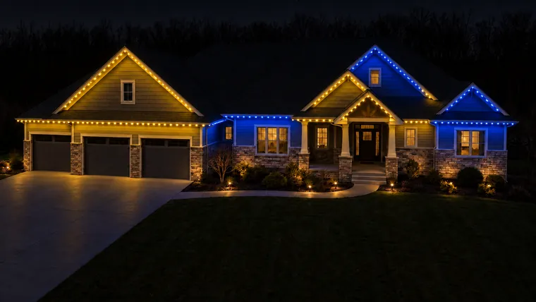 A home at night with permanent roofline lighting set to wolverines