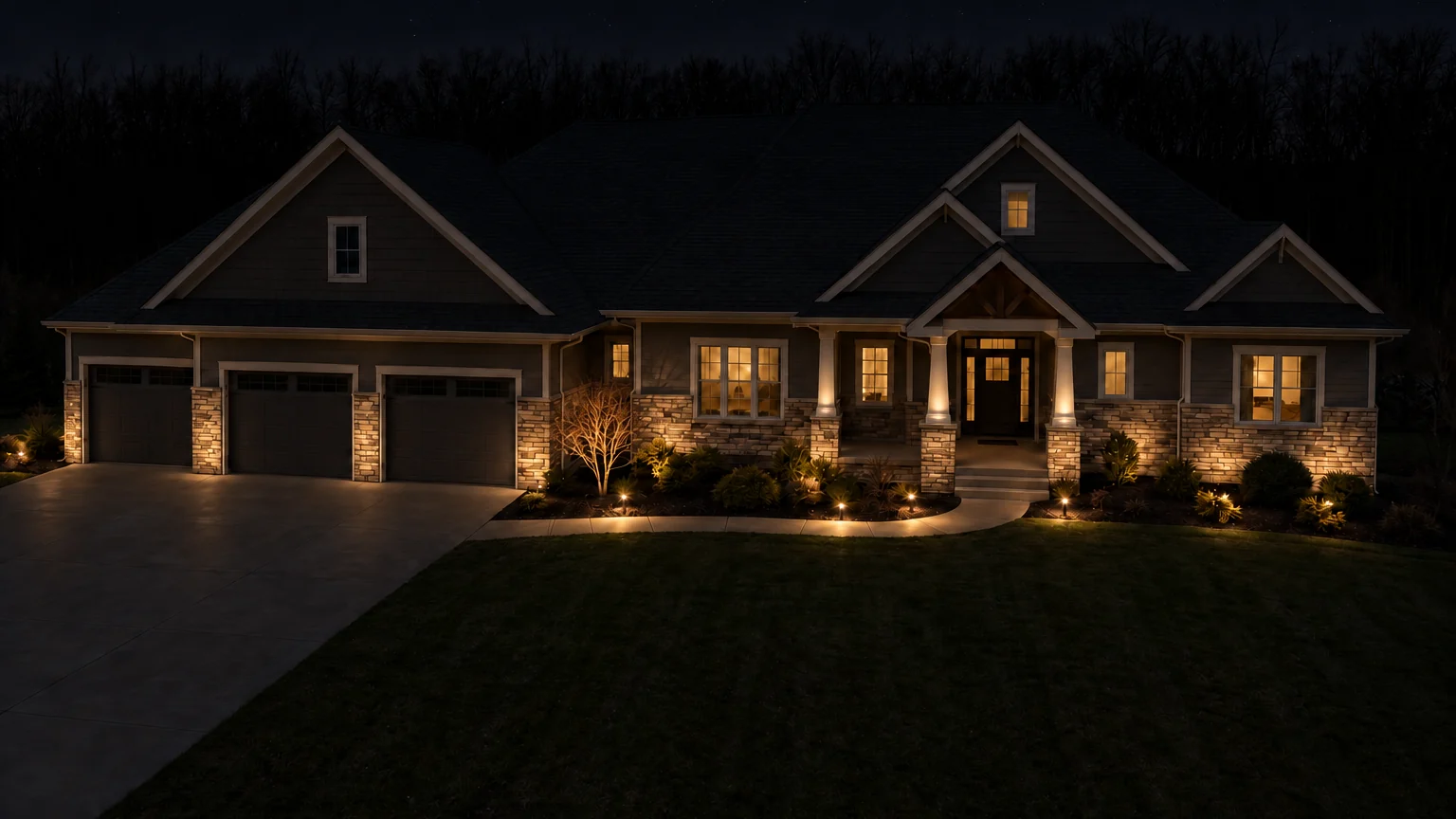 A home at night lit only from the ground: uplights fanning up the stone, the porch columns washed, a bare tree lit from below and path lights pooling on the walk