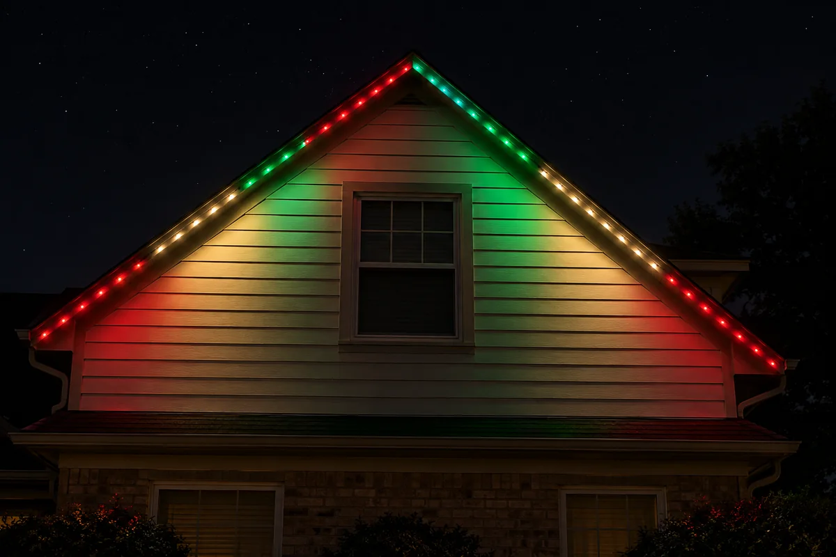 Close view of a gable at night, its two roof edges running long blocks of red, warm white and green, each block washing the siding below it in its own color