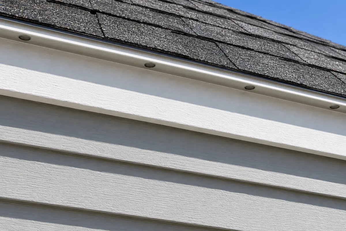 Close view in sunlight of the lighting channel fixed under a shingle edge against a white fascia