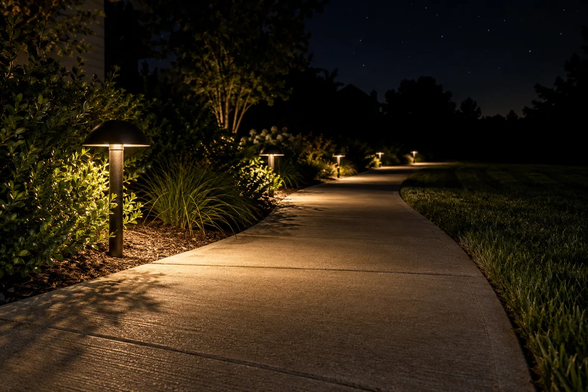 A curving concrete walk at night lit by hooded path lights, each throwing a scalloped pool onto the concrete